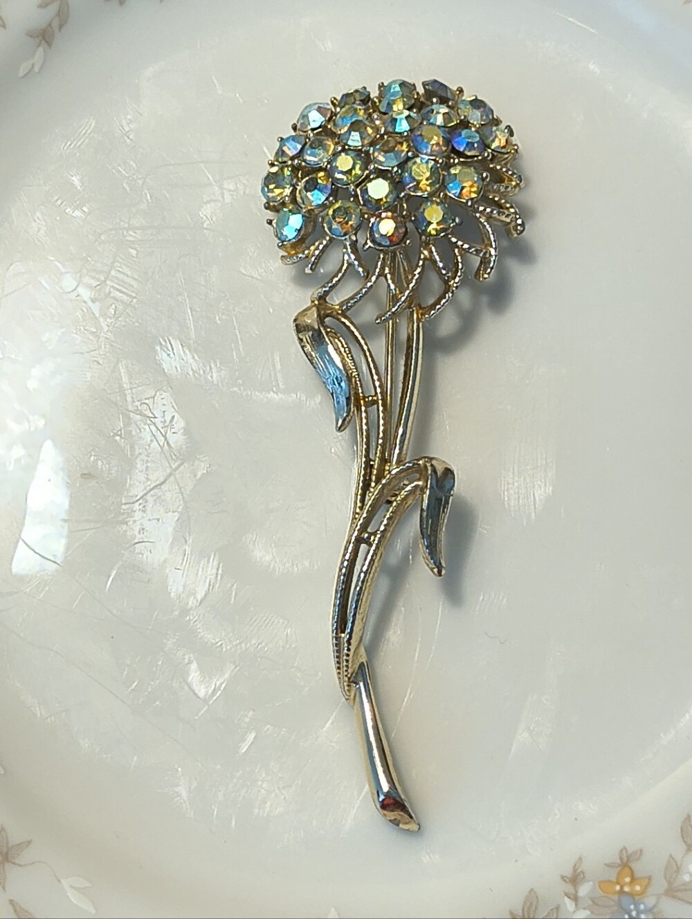 Vtg MCM Big CORO Signed Gold Tone & AB Rhinestone Flower Brooch